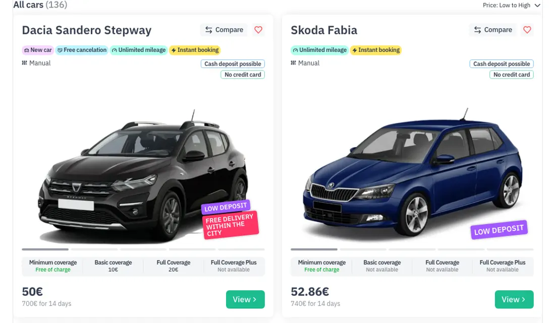Katalog: karty aut z ceną za dobę i sumą za okres