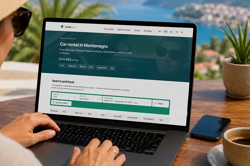 Kobieta rezerwuje auto online na laptopie, w tle Zatoka Kotorska