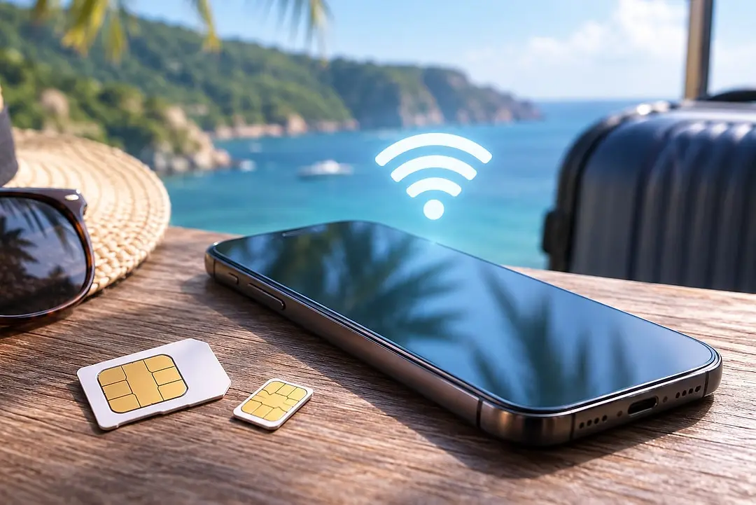 Ein Smartphone und zwei SIM-Karten auf dem Tisch, dahinter Meer und Koffer