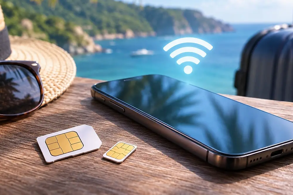 Smartfon i dwie karty SIM na stole, w tle morze i walizka